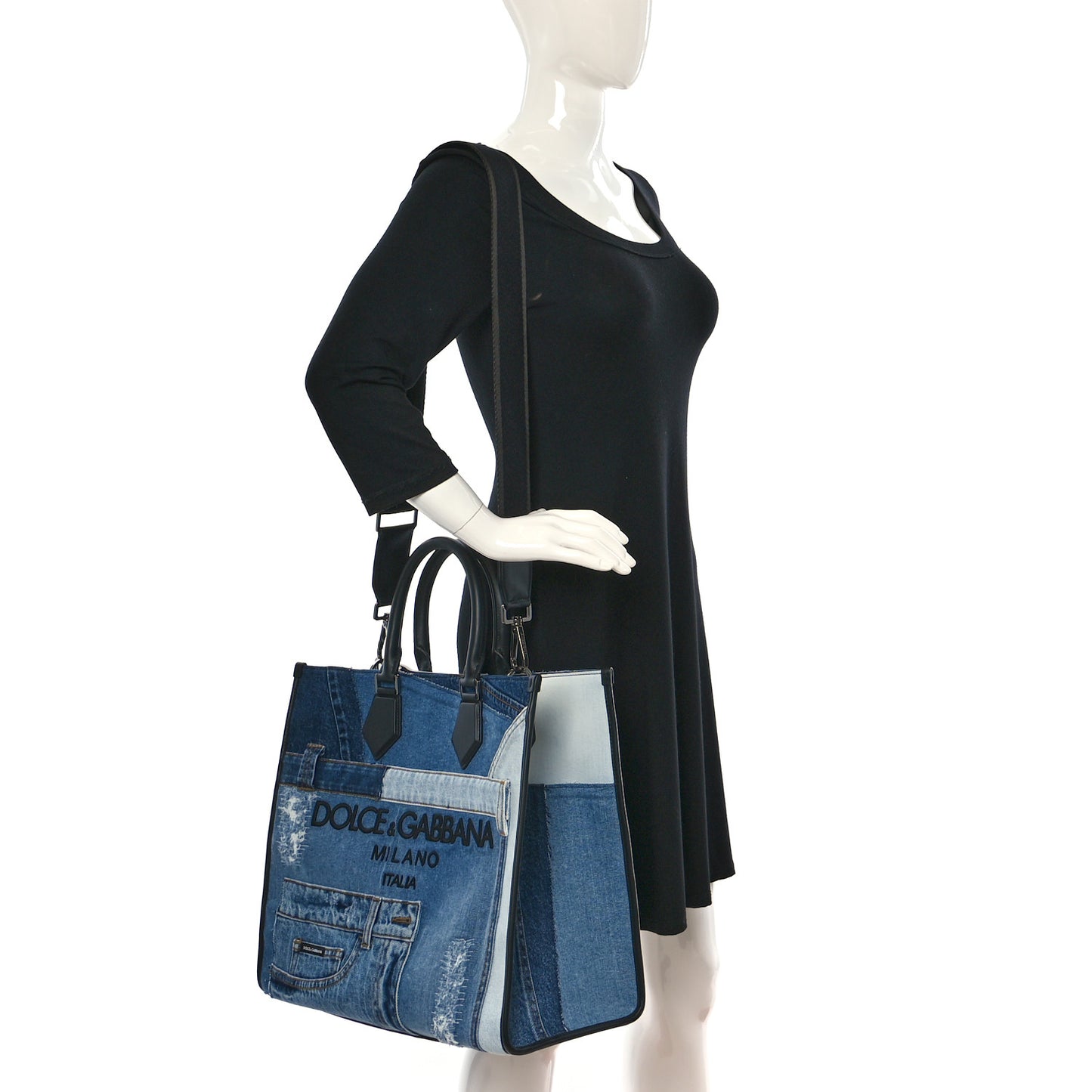 Large Denim Patchwork Shopping Tote Blue Black