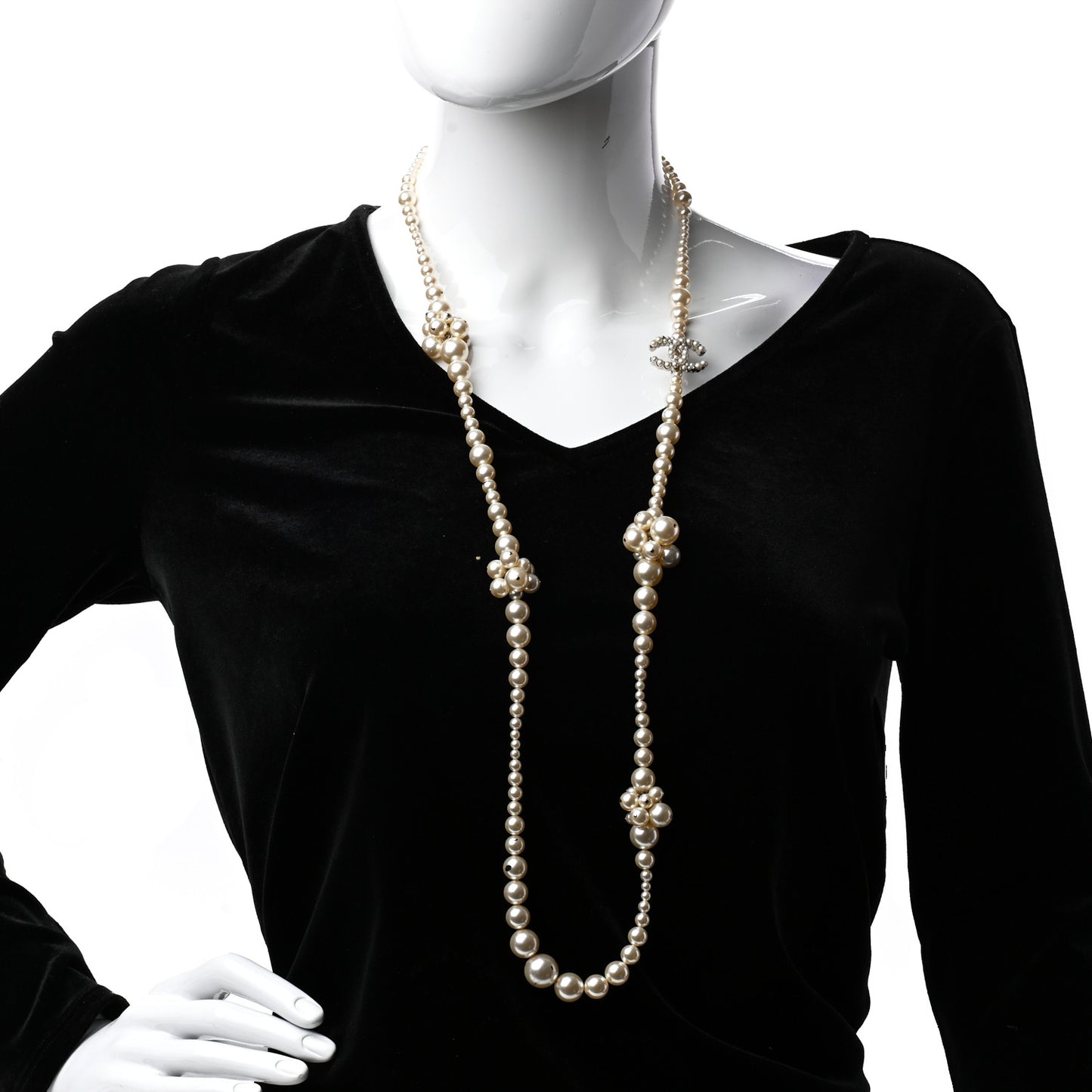 Pearl Cluster CC Long Necklace Silver