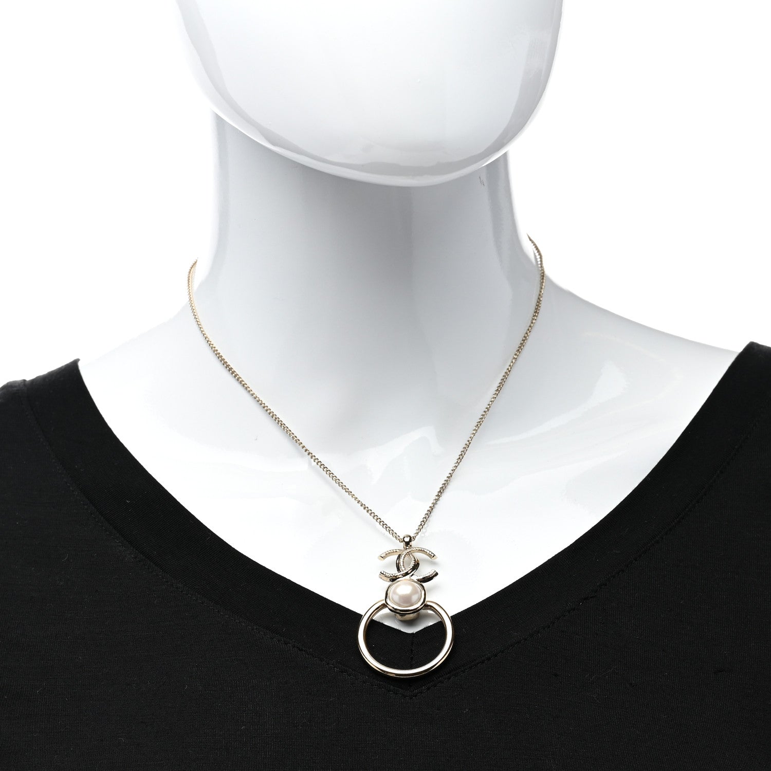 Chanel Metal Pearl CC Hoop Drop Pendant Necklace Gold 2 of 7