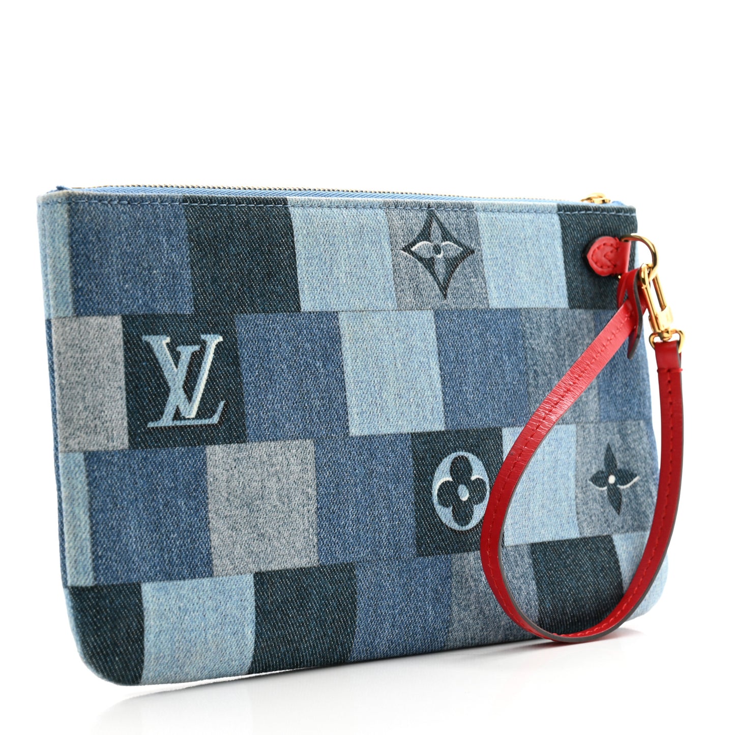 Denim Damier Monogram Patchwork Neverfull MM Pochette Blue Rouge