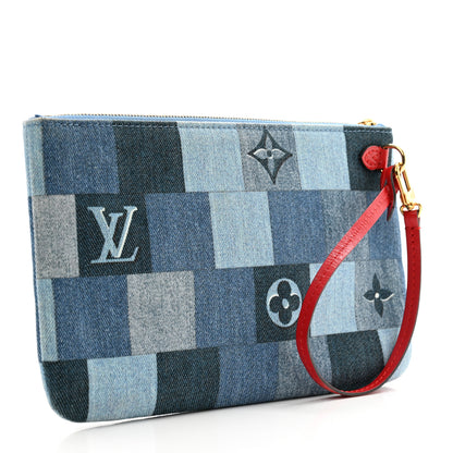Louis Vuitton Denim Damier Monogram Patchwork Neverfull MM Pochette Blue Rouge 3 of 10