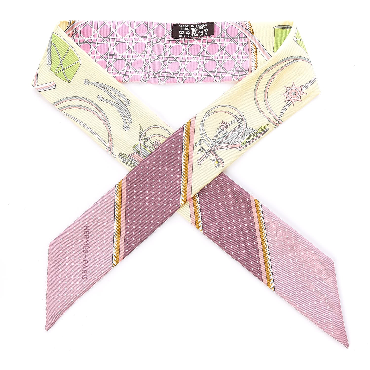 Hermes Silk Les Voitures A Transformation Twilly Jaune Soufre Vieux Rose Vert 1 of 4
