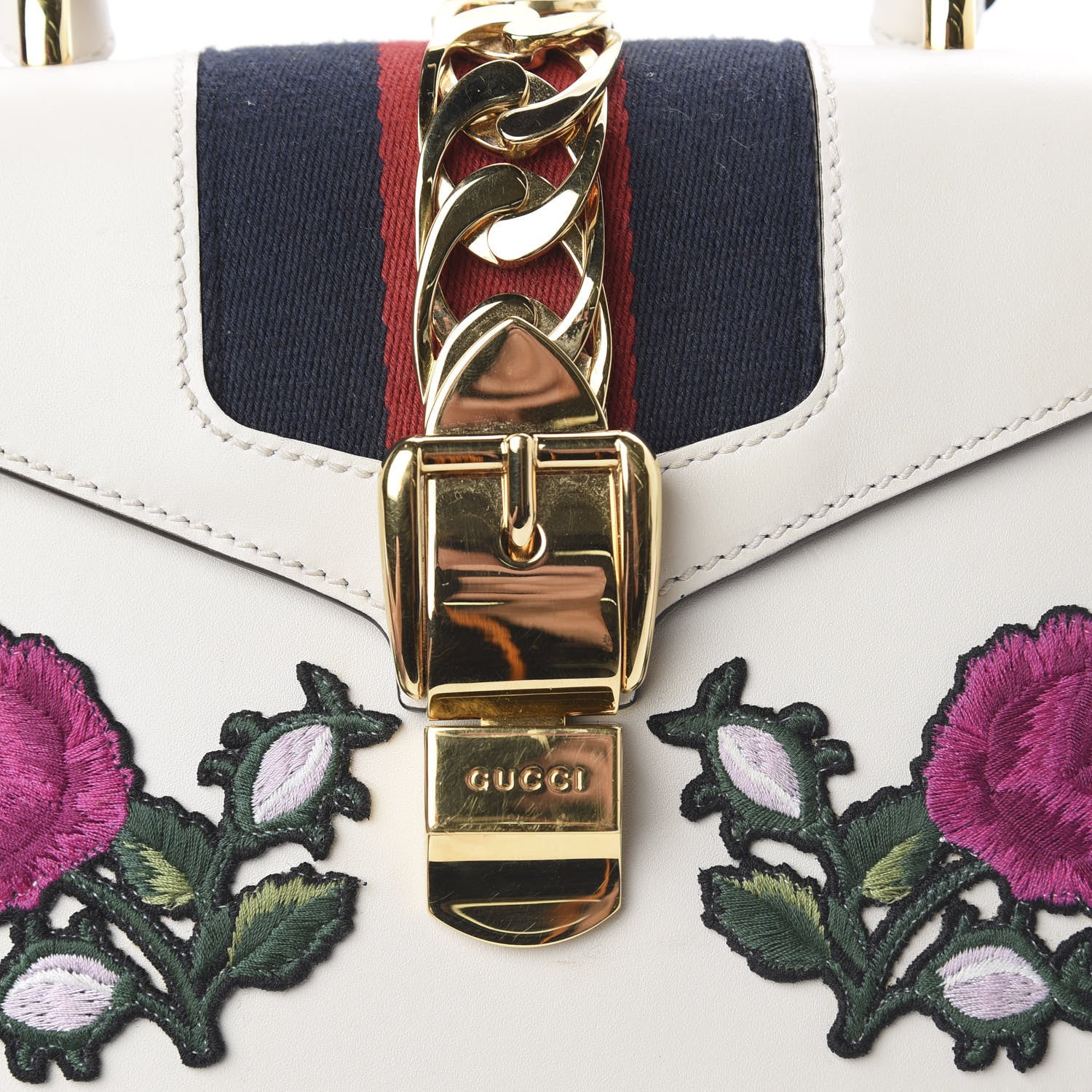 Gucci Calfskin Embroidered Mini Sylvie Top Handle Bag White 10 of 18