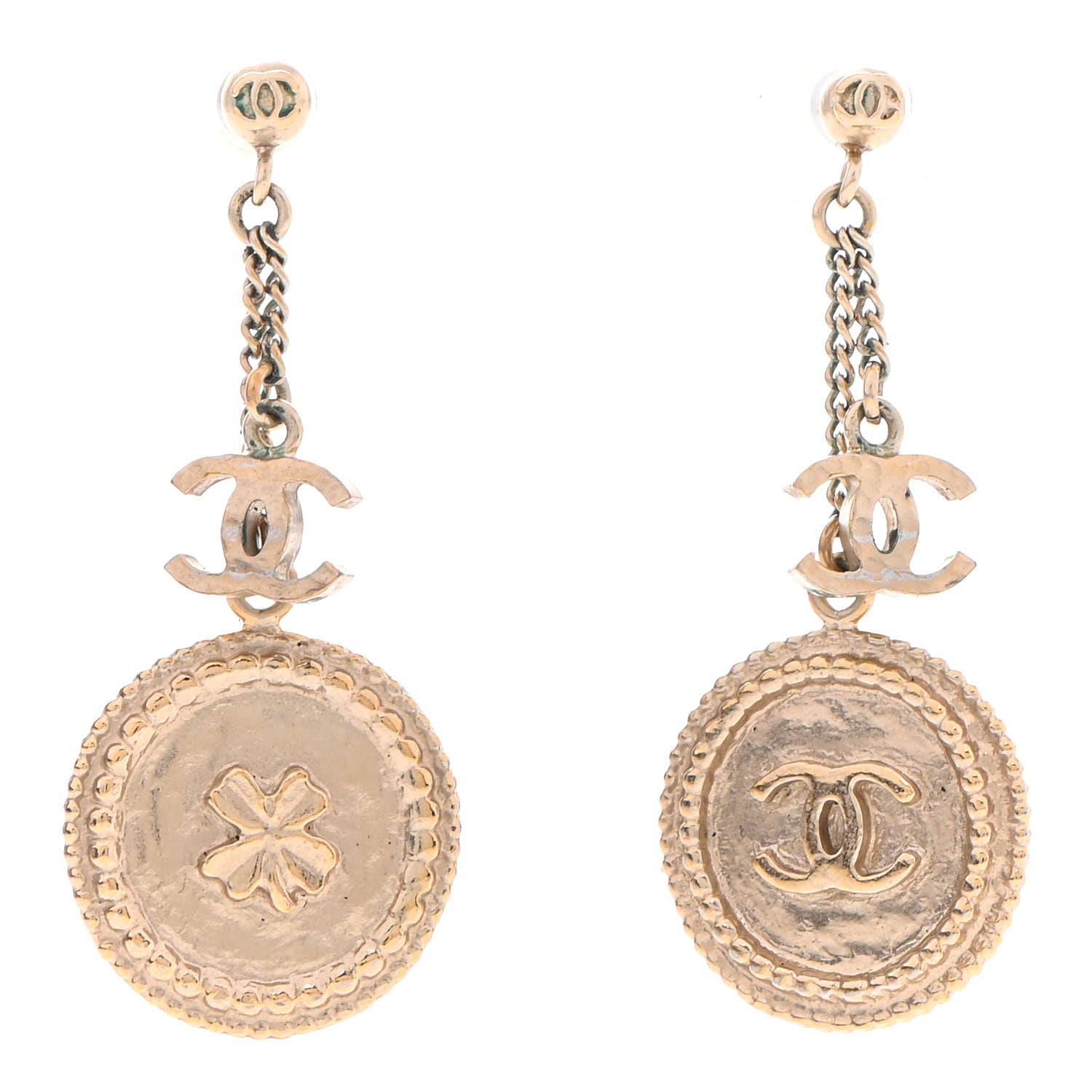 Chanel Medallion Clover CC Drop Earrings Light Gold 1 of 4