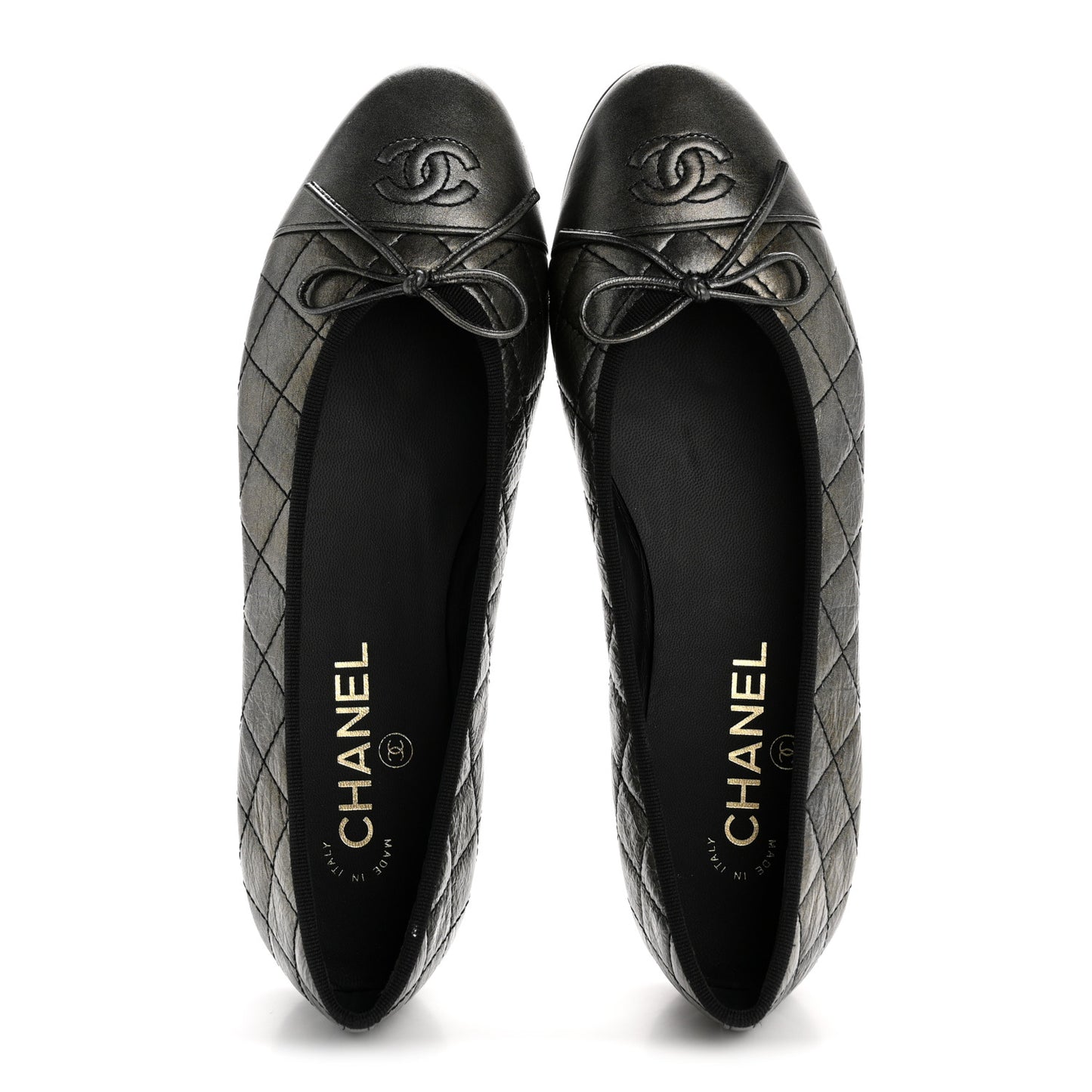 Metallic Aged Calfskin Quilted CC Cap Toe Ballerina Flats 38.5 Dark Silver