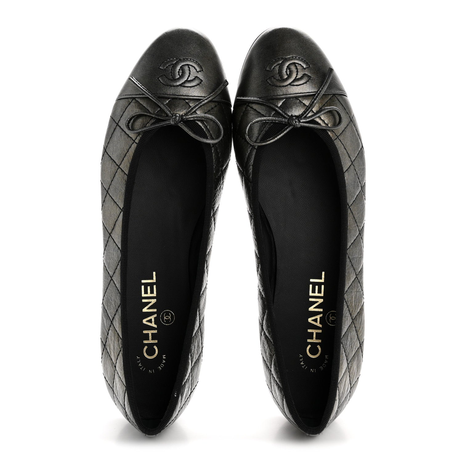 Chanel Metallic Aged Calfskin Quilted CC Cap Toe Ballerina Flats 38.5 Dark Silver 2 of 10