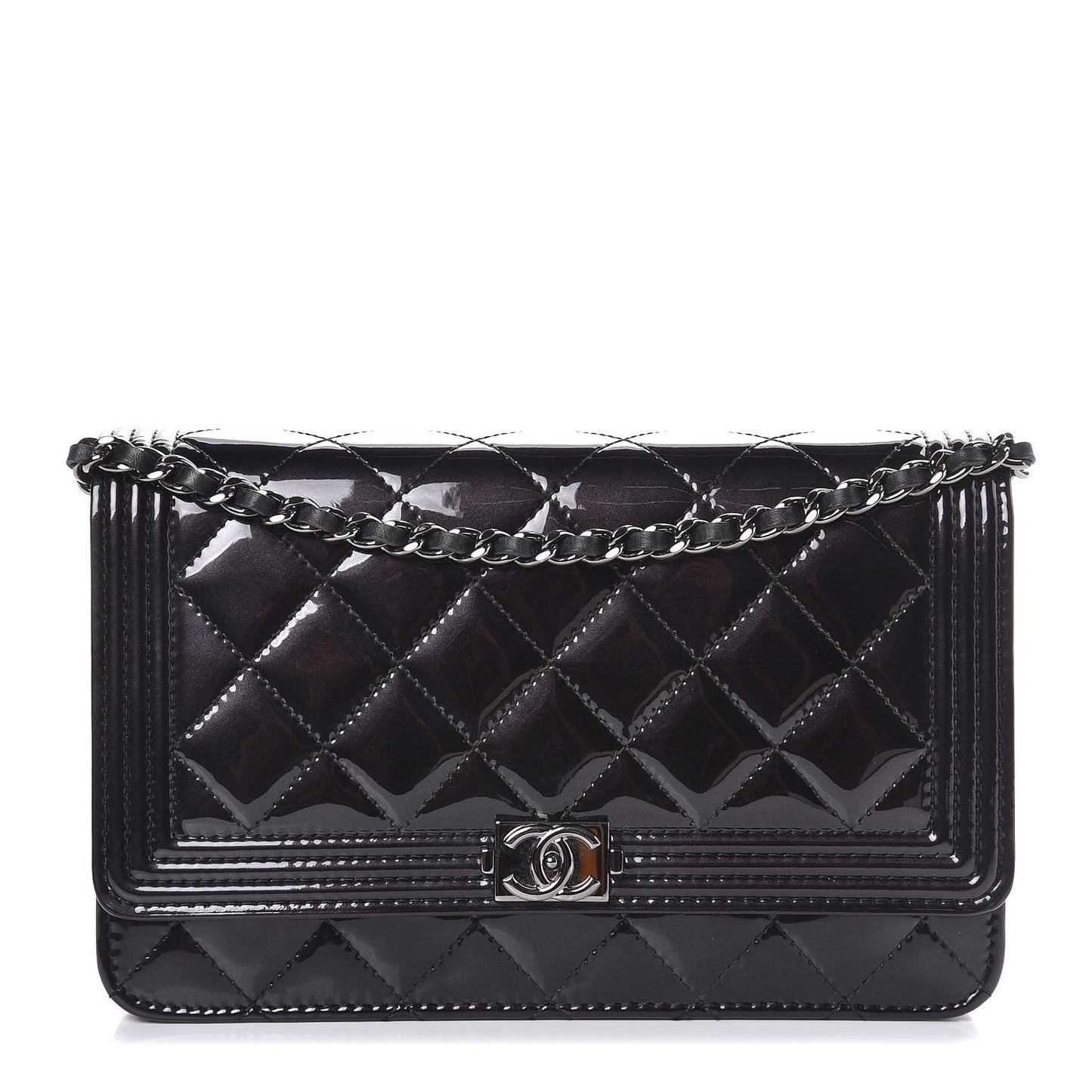 Patent Calfskin Quilted Boy Wallet On Chain WOC Black