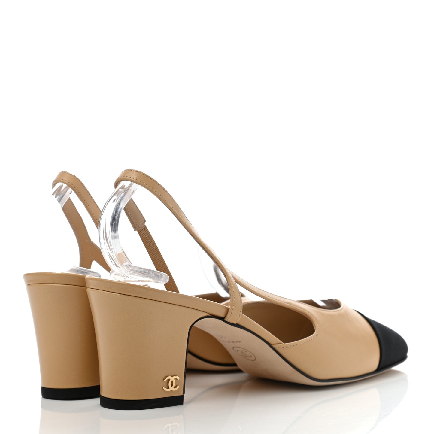 Goatskin Grosgrain Cap Toe CC Slingback Pumps 38 Beige Black
