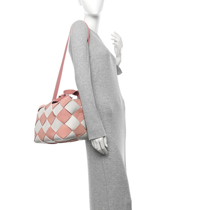 Loewe Calfskin Suede Gingham Woven Basket Bag Soft Pink White 2 of 10