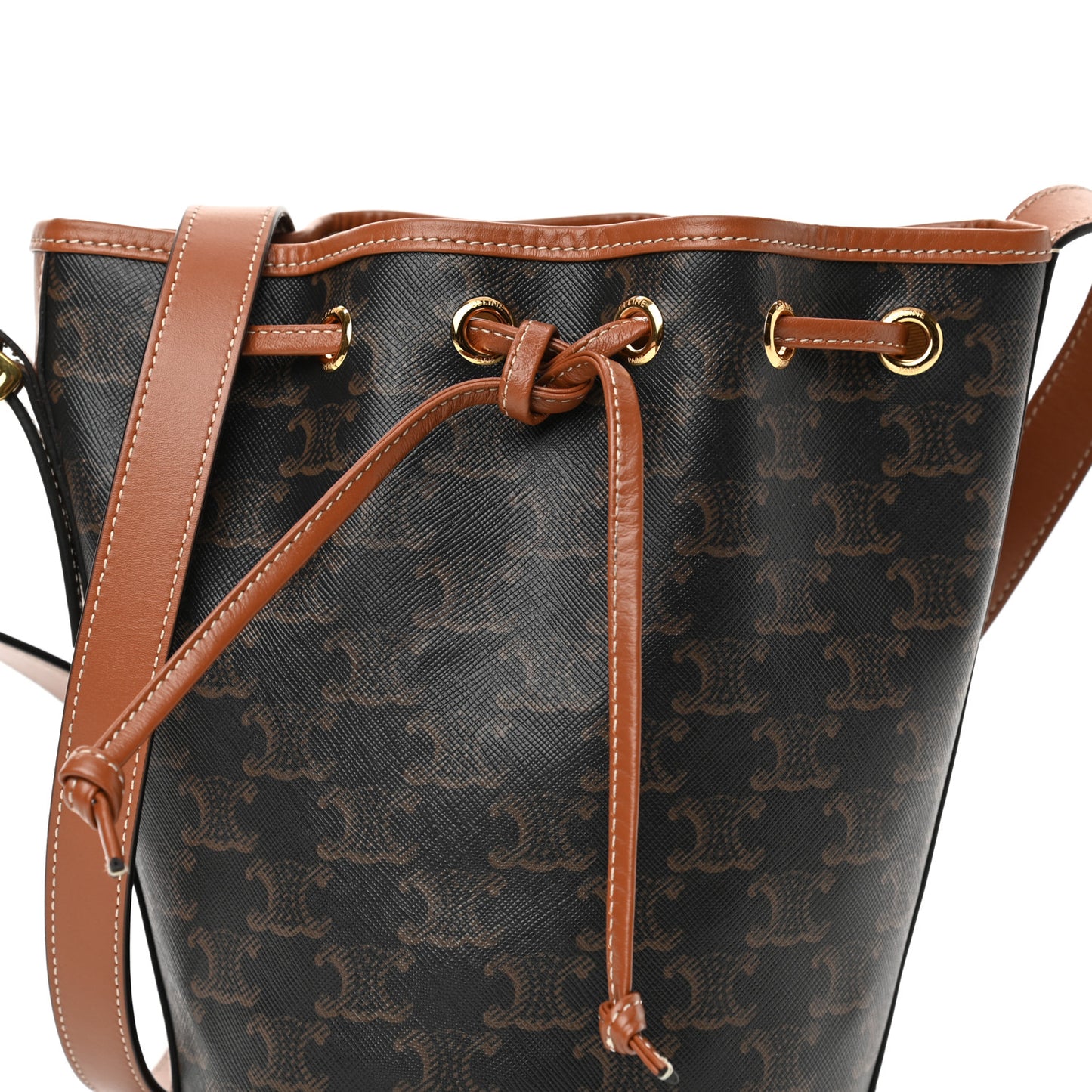 Triomphe Canvas Calfskin Small Drawstring Bucket Bag Tan