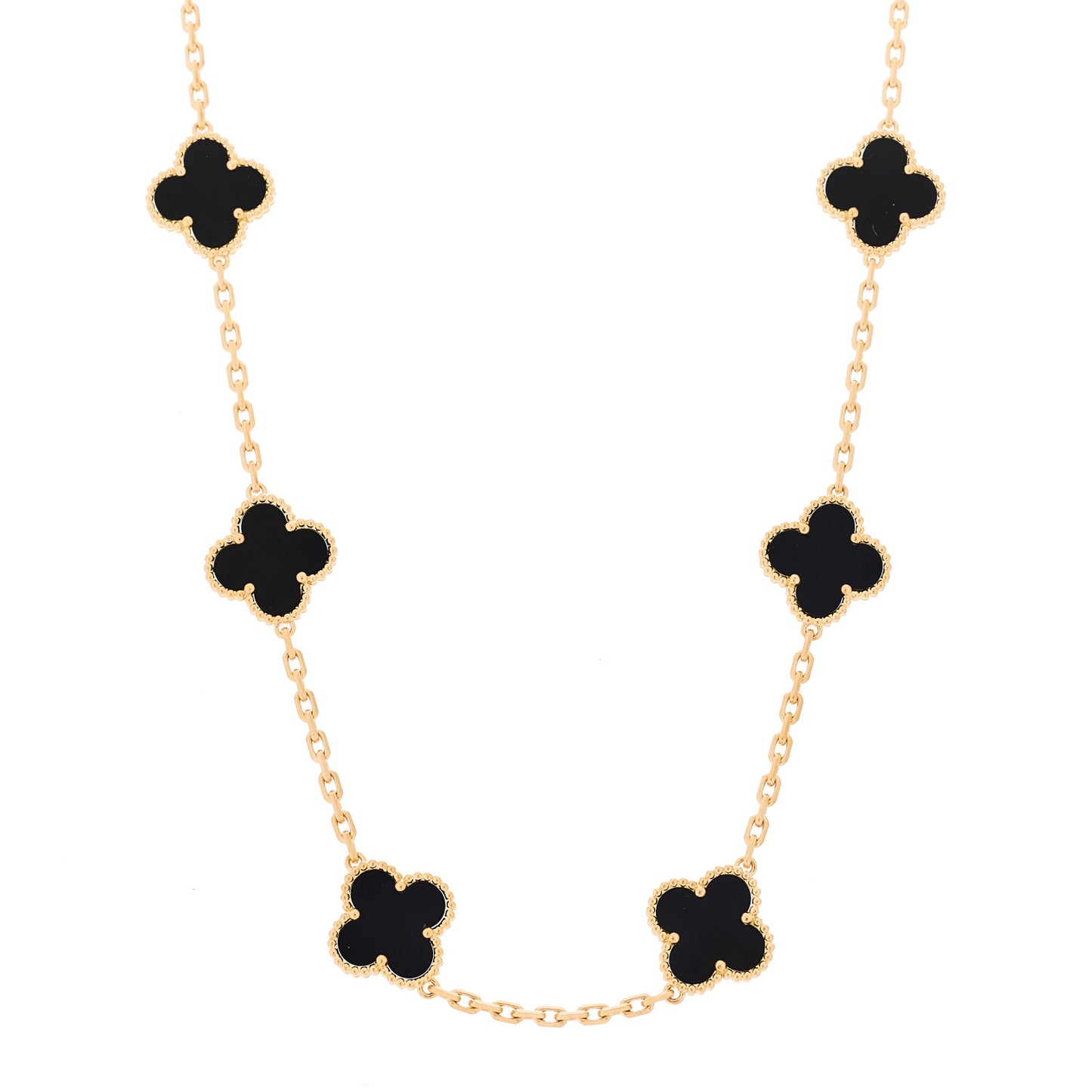 18K Yellow Gold Black Onyx 10 Motifs Vintage Alhambra Necklace