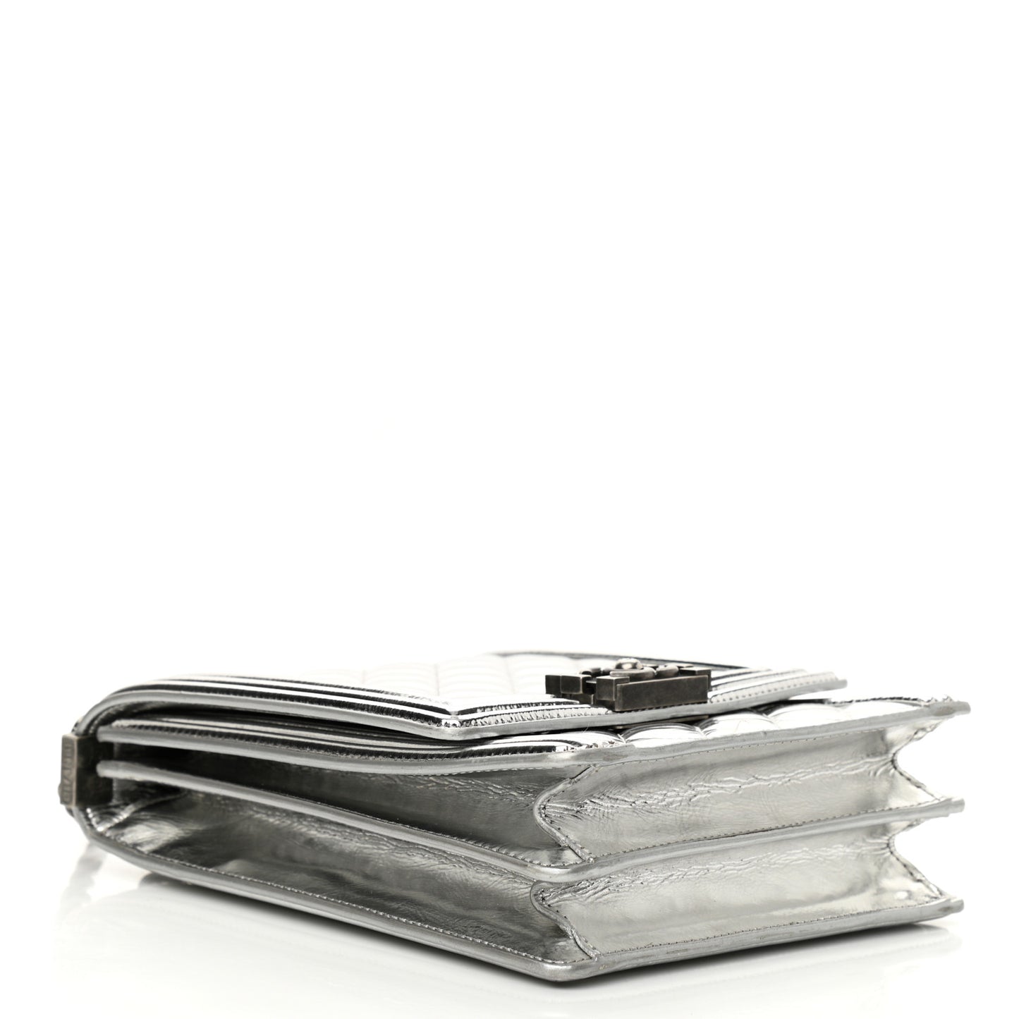 Metallic Goatskin Quilted North South Boy Flap Silver