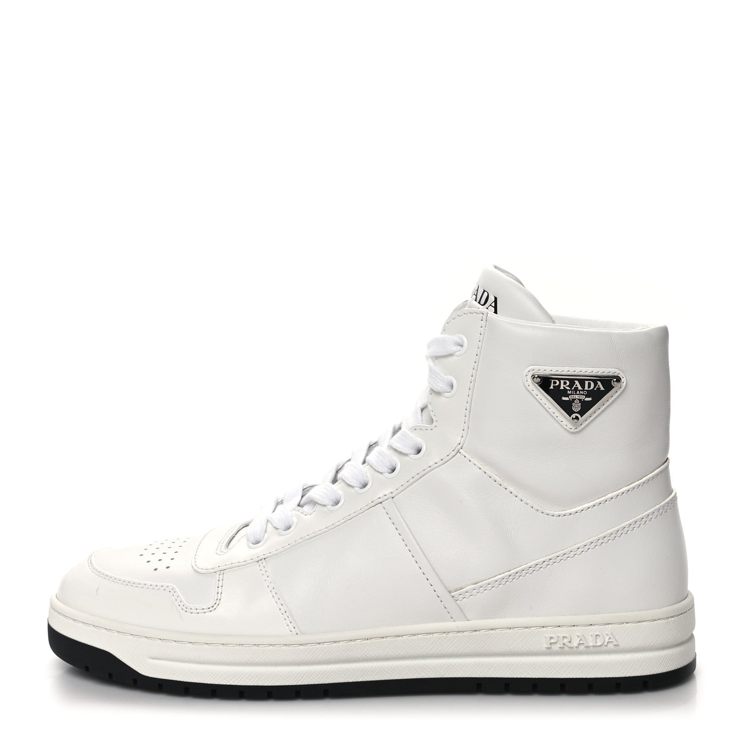 Prada Vitello Rois Triangle Womens Downtown High Top 30mm Sneakers 41 White Black 1 of 8