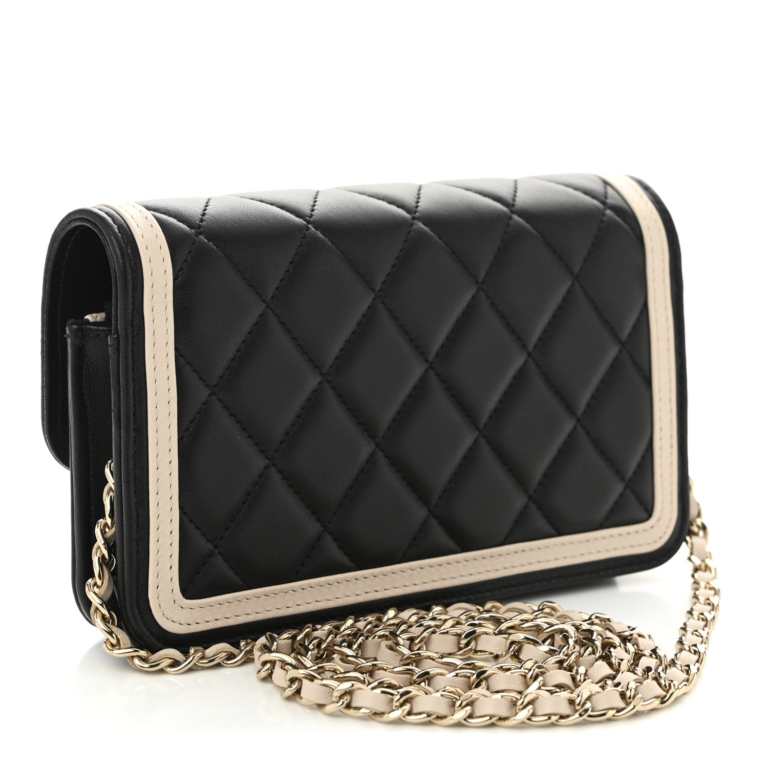 Chanel Lambskin Quilted Flap Phone Holder With Chain Black Beige 3 of 12