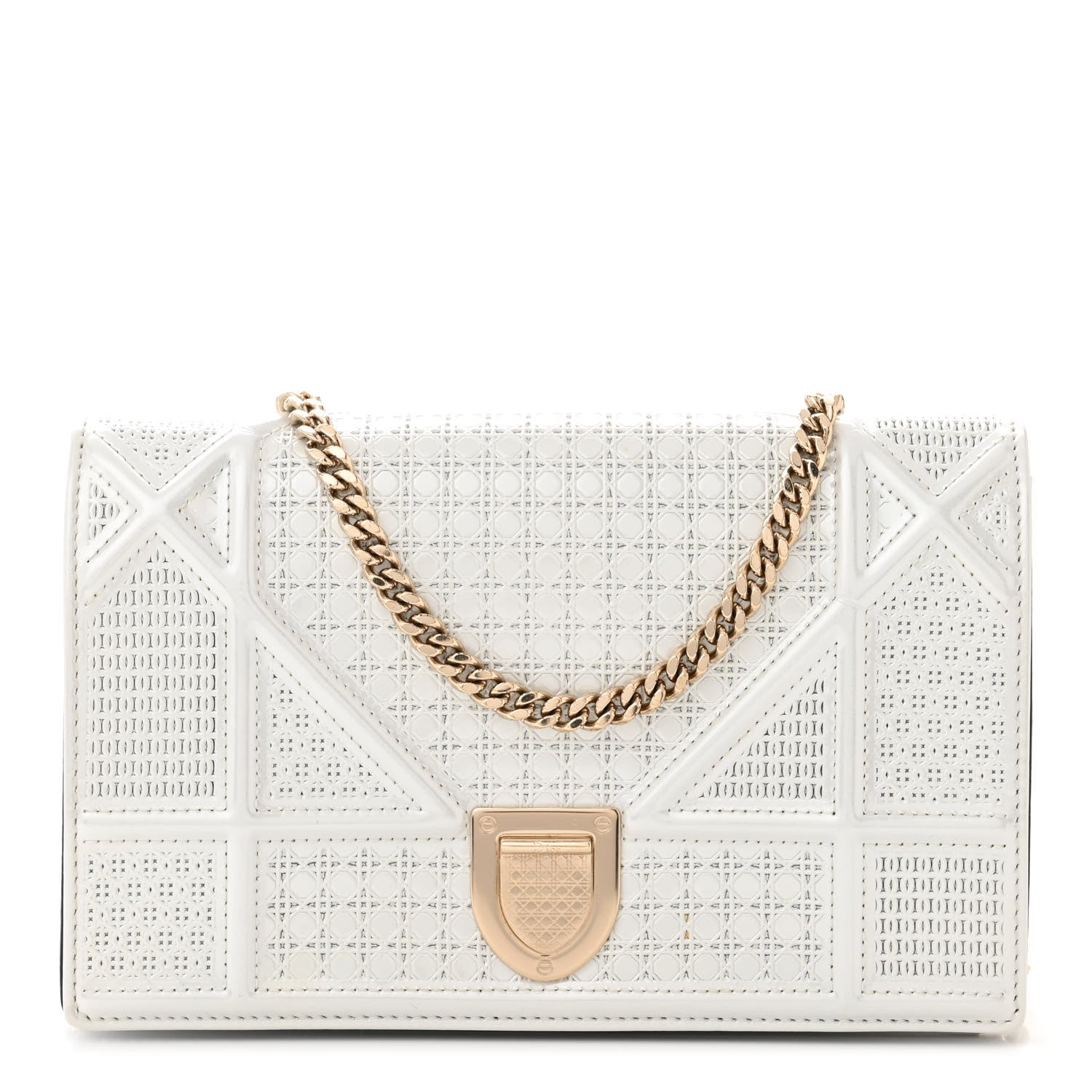Christian Dior Patent Micro-Cannage Diorama Wallet on Chain Pouch Metallic White 1 of 11