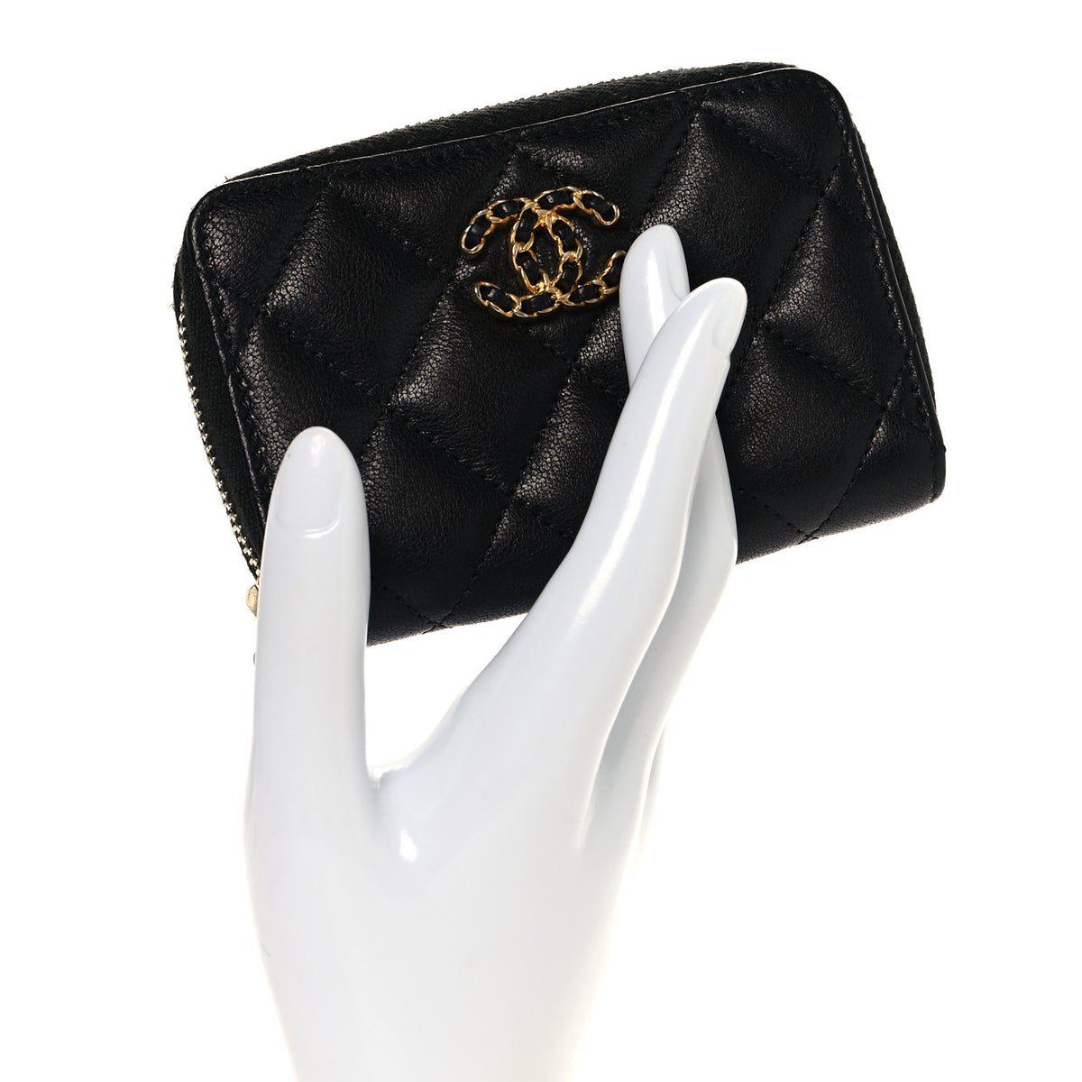 Goatskin Quilted Chanel 19 Zip Around Coin Purse Wallet Black