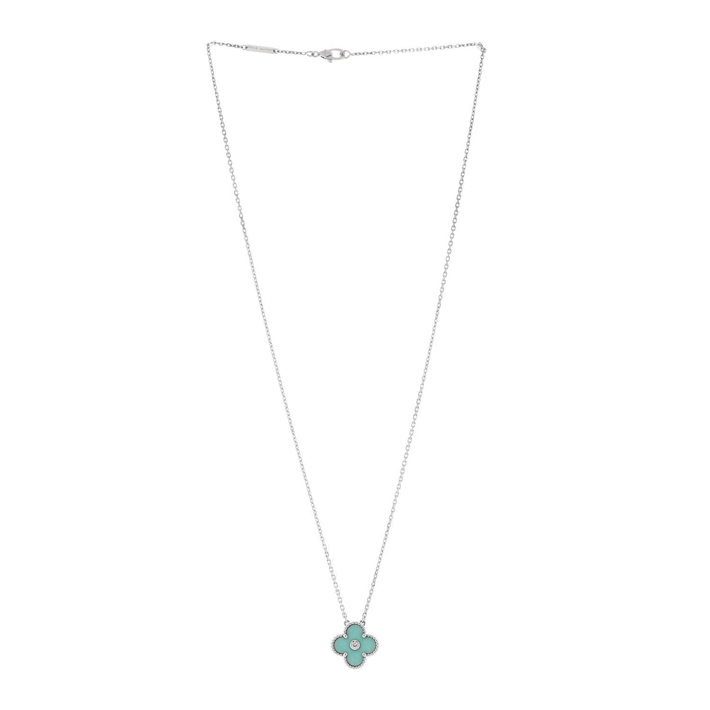 18K White Gold Diamond Celadon Green Sevres Porcelain Vintage Alhambra Pendant Necklace