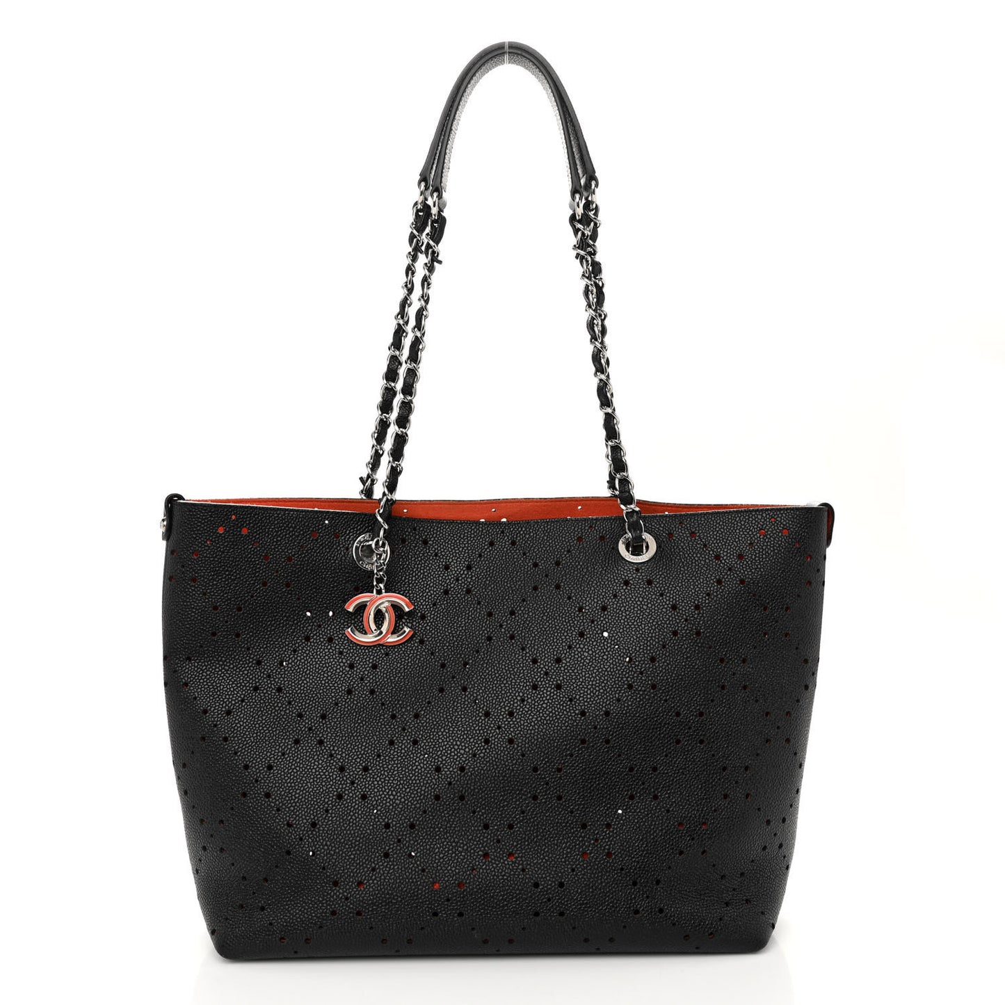 Perforated Grained Calfskin Large Shopping Tote Black