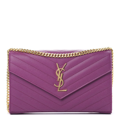 Saint Laurent Grain De Poudre Matelasse Chevron Monogram Chain Wallet Dark Grape 1 of 11