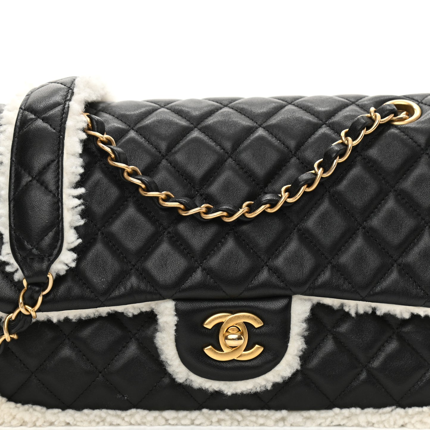 Lambskin Shearling Large CC Flap Bag Black White
