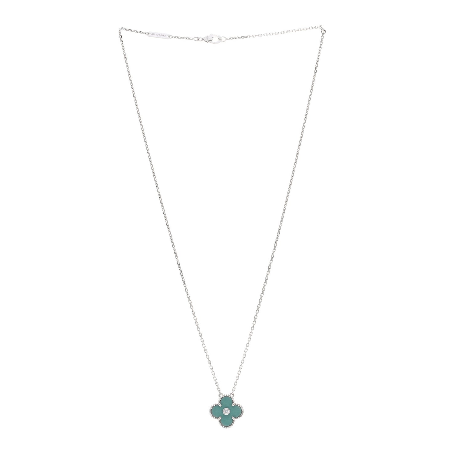18K White Gold Diamond Celadon Green Sevres Porcelain Vintage Alhambra Pendant Necklace