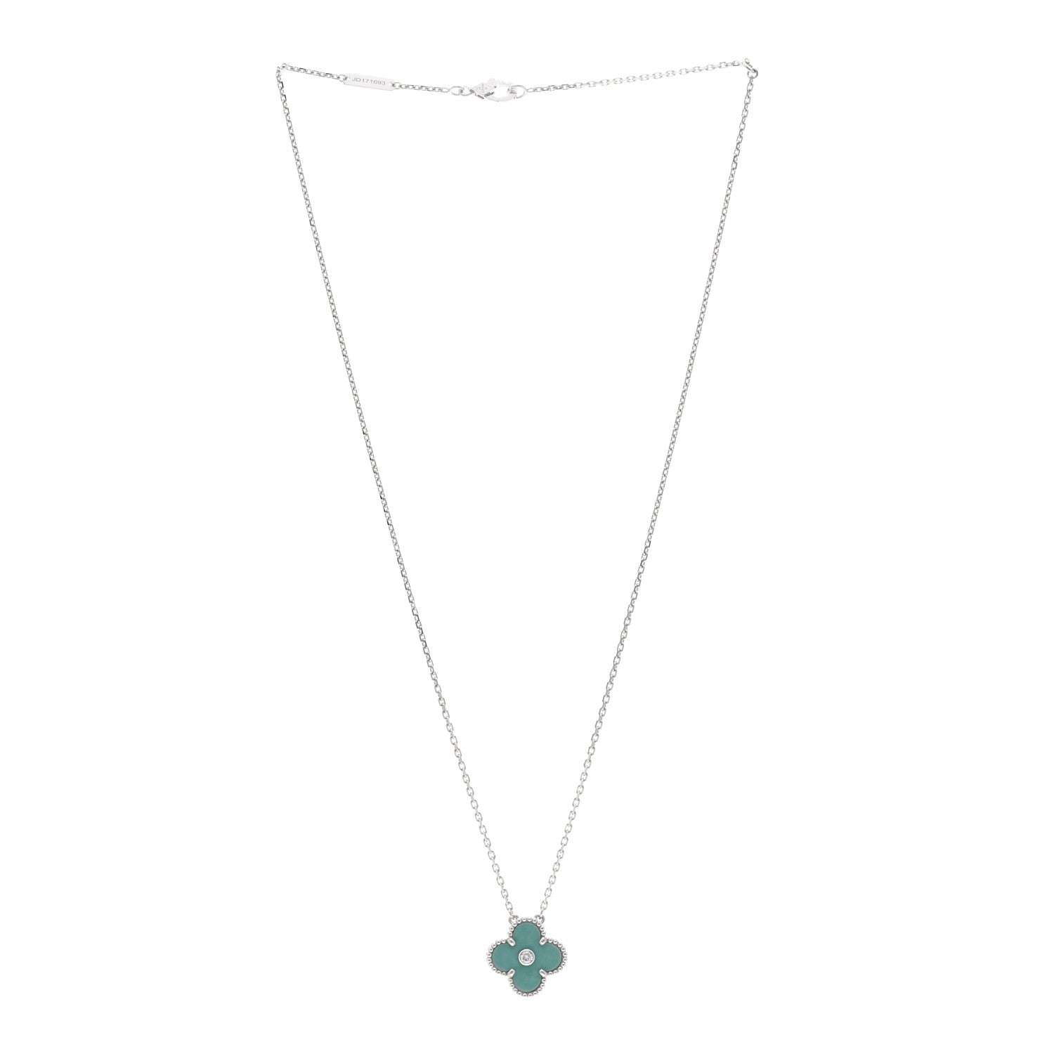 Van Cleef & Arpels 18K White Gold Diamond Celadon Green Sevres Porcelain Vintage Alhambra Pendant Necklace 3 of 6