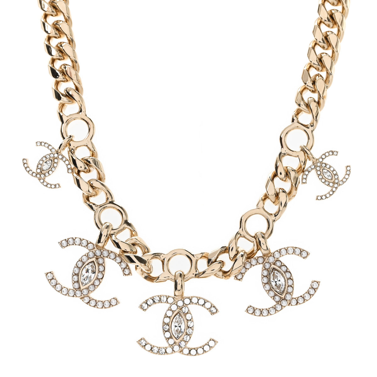 Pearl Crystal CC Choker Charms Necklace Gold White