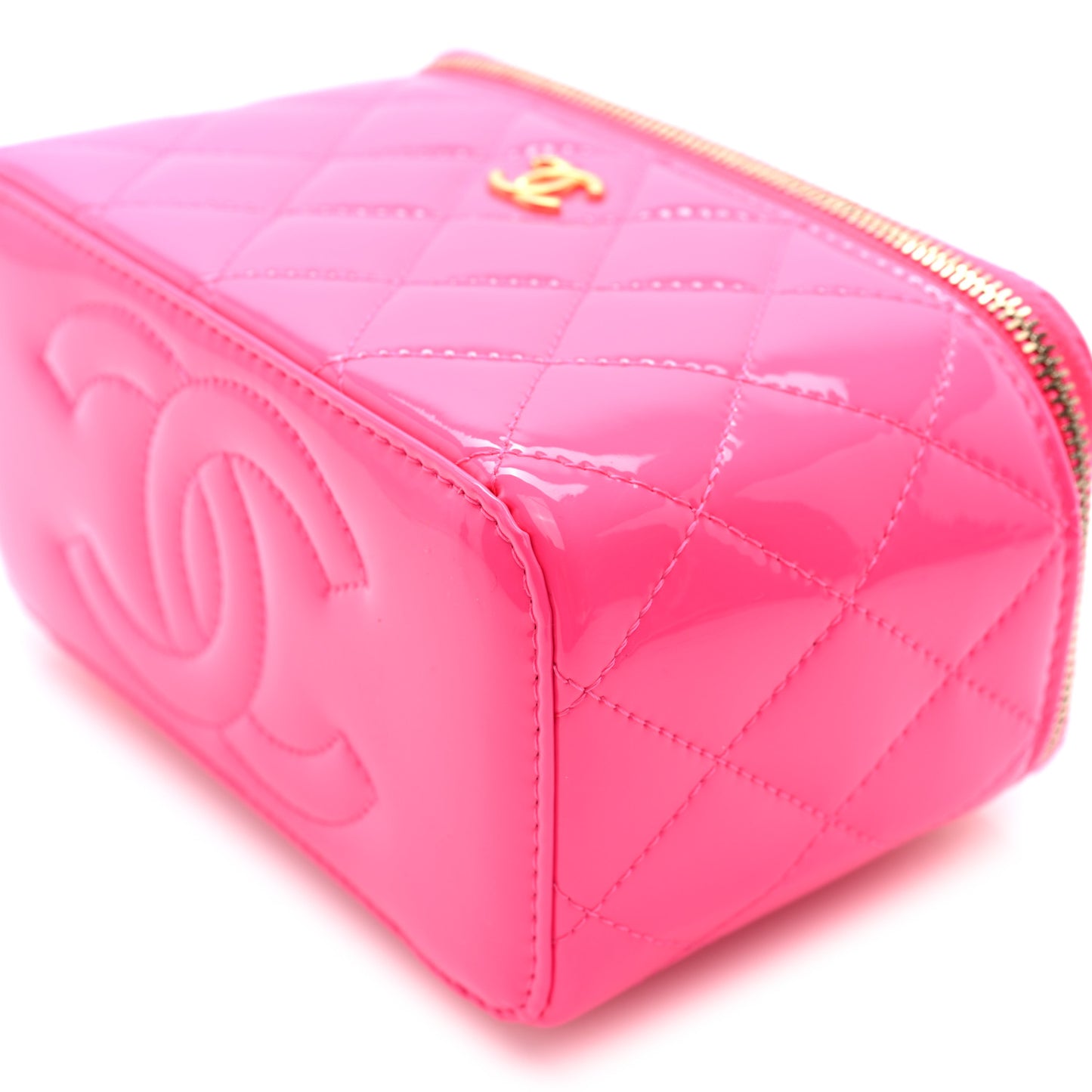 Patent Quilted Pearl Crush Small Vanity Case With Chain Neon Pink