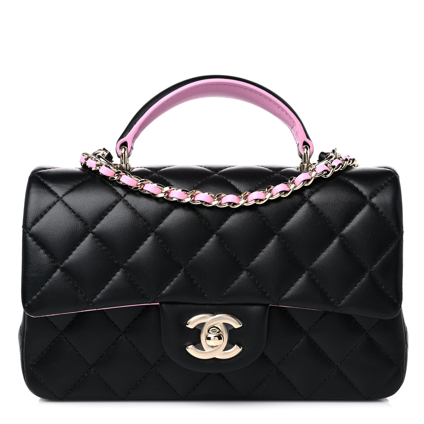 Lambskin Quilted Bi-Color Mini Top Handle Rectangular Flap Black Lilac