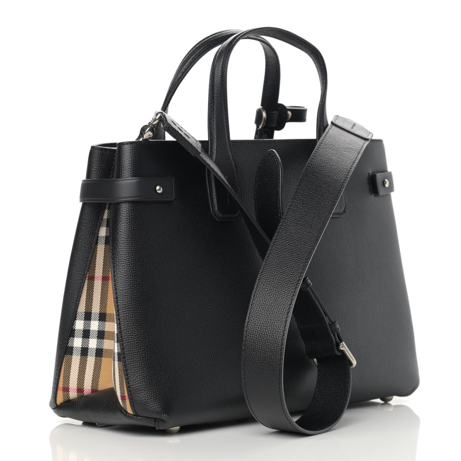 Burberry Grainy Calfskin Vintage Check Medium Banner Tote Black 3 of 16