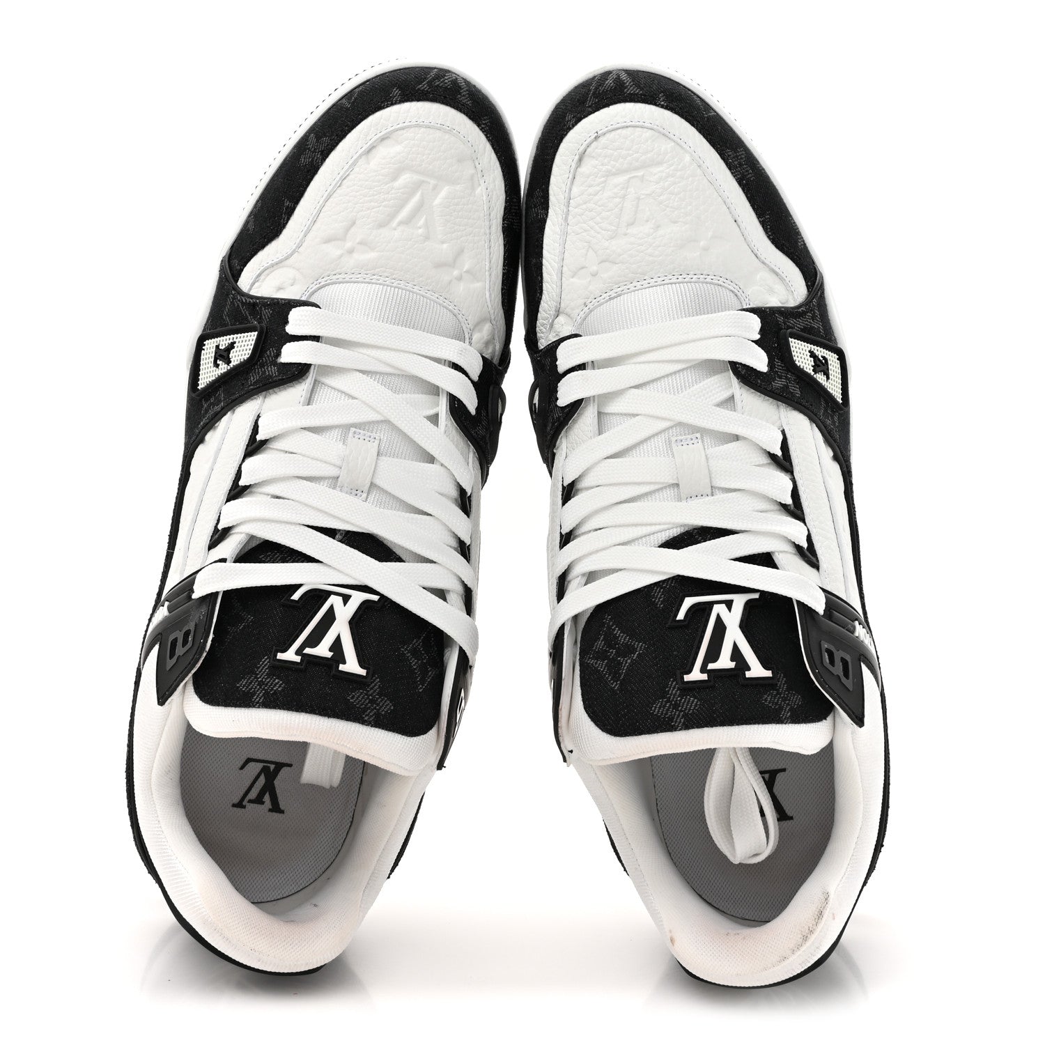 Louis Vuitton Calfskin Embossed Monogram Denim Mens LV Trainer Sneakers 12 Black 2 of 17