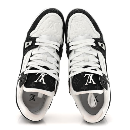 Louis Vuitton Calfskin Embossed Monogram Denim Mens LV Trainer Sneakers 12 Black 2 of 17
