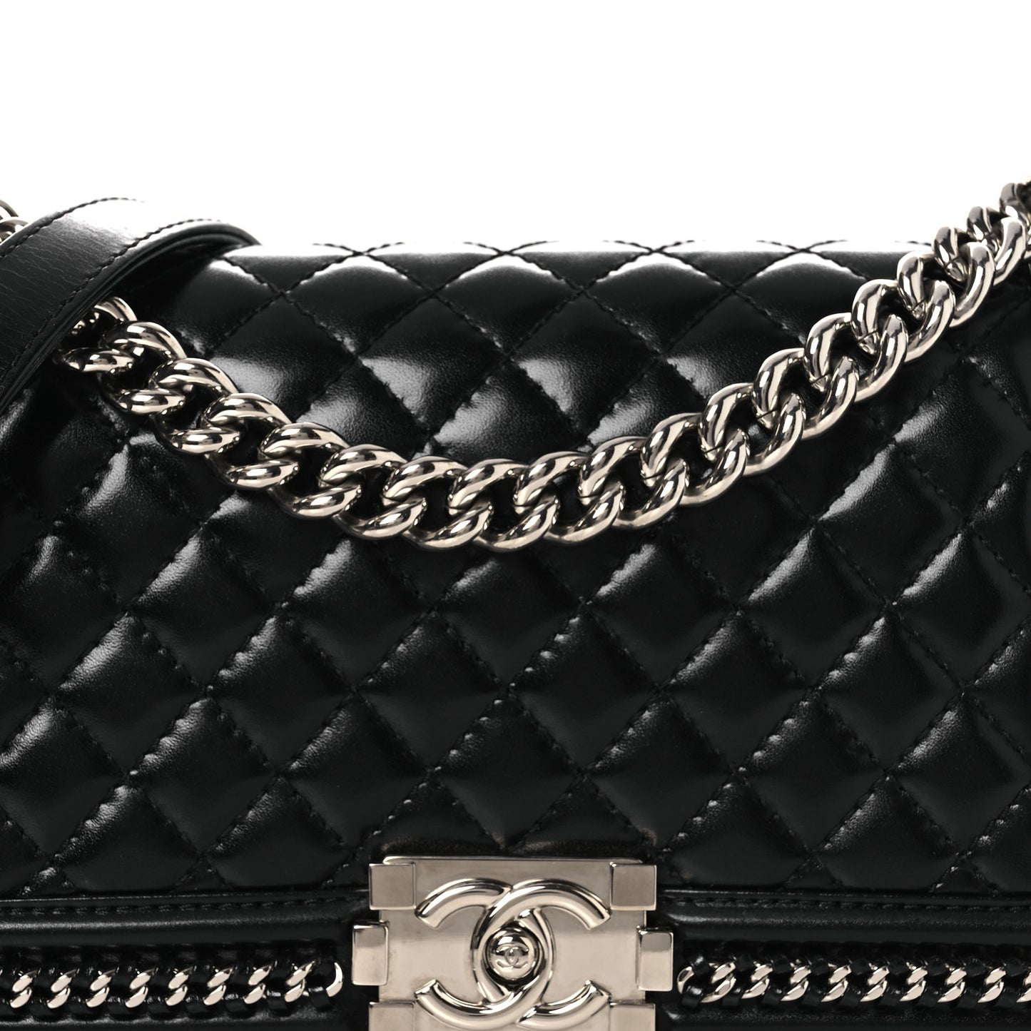 Glazed Calfskin Quilted Medium Chain Around Boy Flap Black