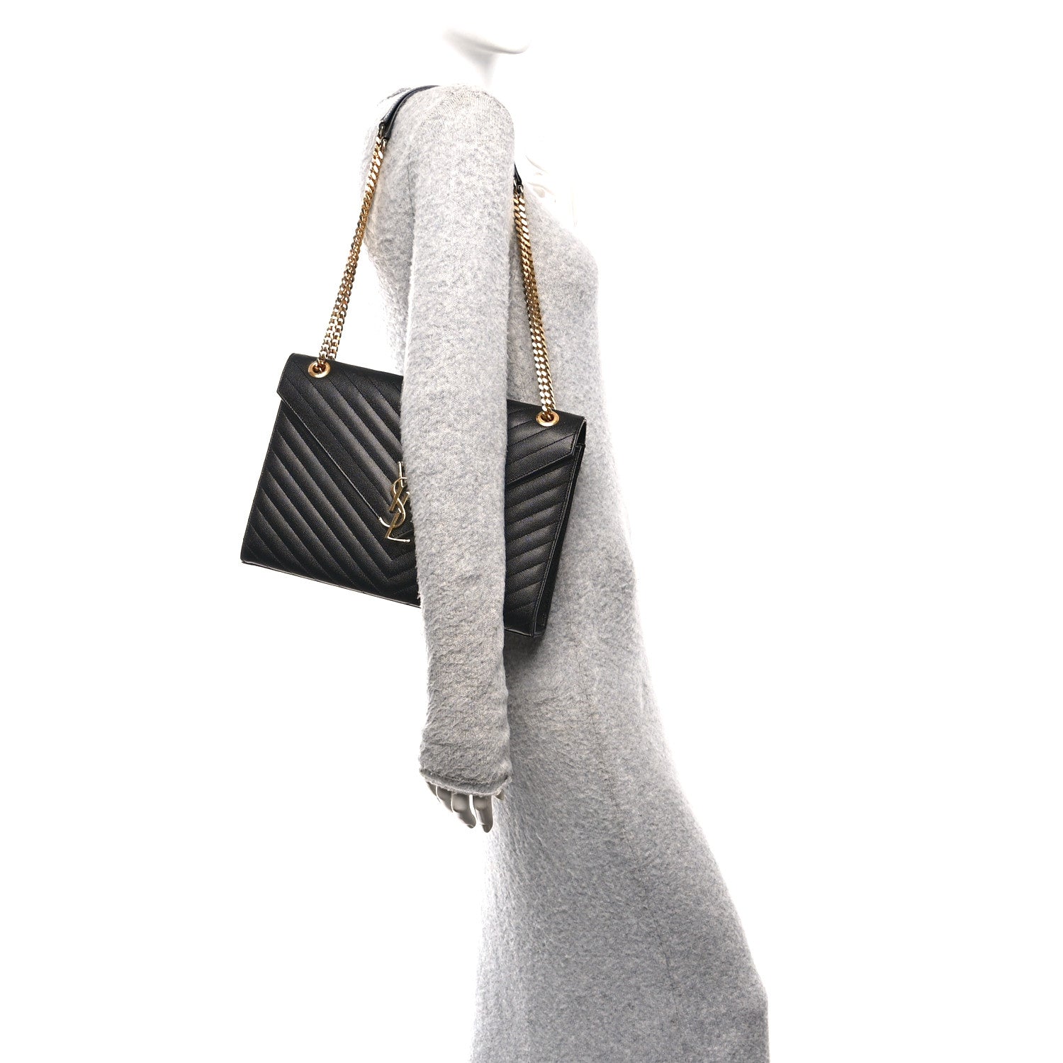 Saint Laurent Grain De Poudre Matelasse Chevron Large Monogram Satchel Black 2 of 10