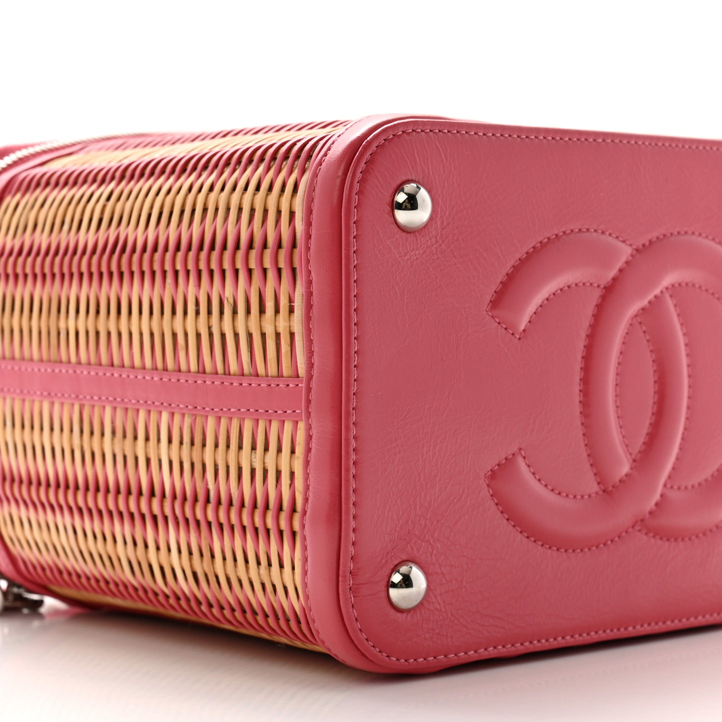 Glazed Calfskin Raffia Vanity Case Bag Pink