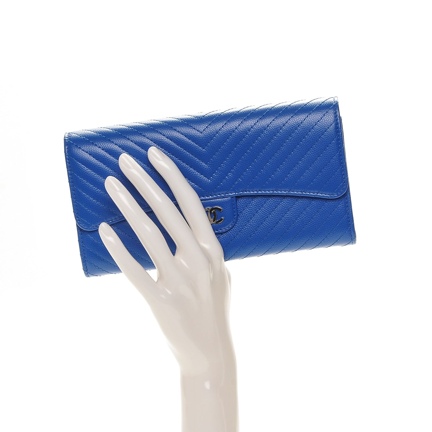 Caviar Chevron Quilted Large Flap Wallet Bright Blue