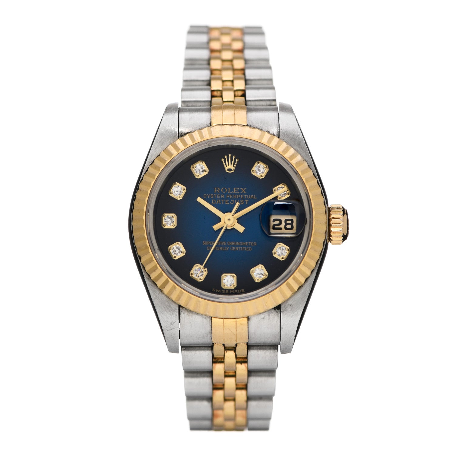 Rolex Stainless Steel 18K Yellow Gold Diamond 26mm Oyster Perpetual Datejust Watch Blue Gradient 79173 1 of 6
