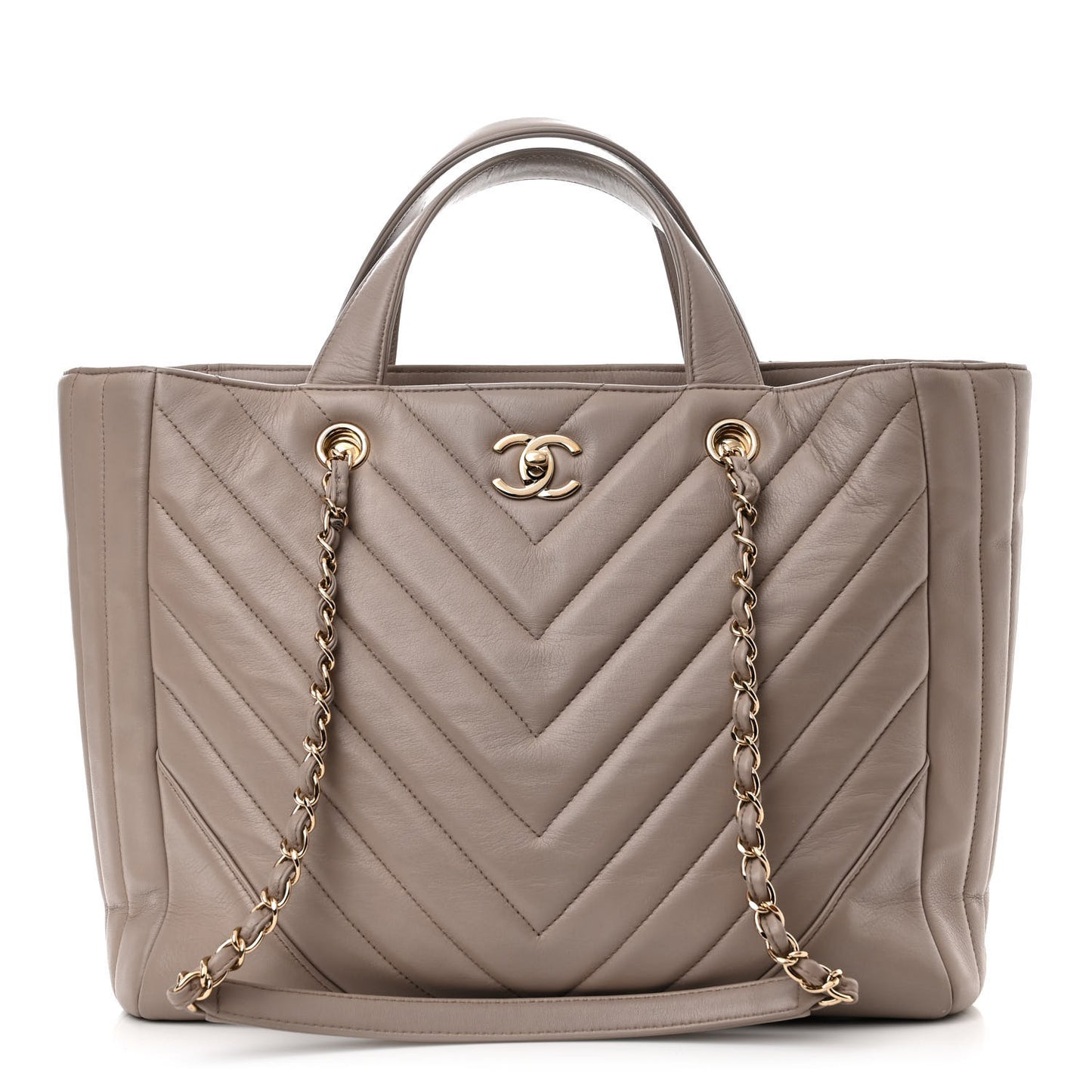 Calfskin Chevron Quilted Statement Shopping Tote Beige
