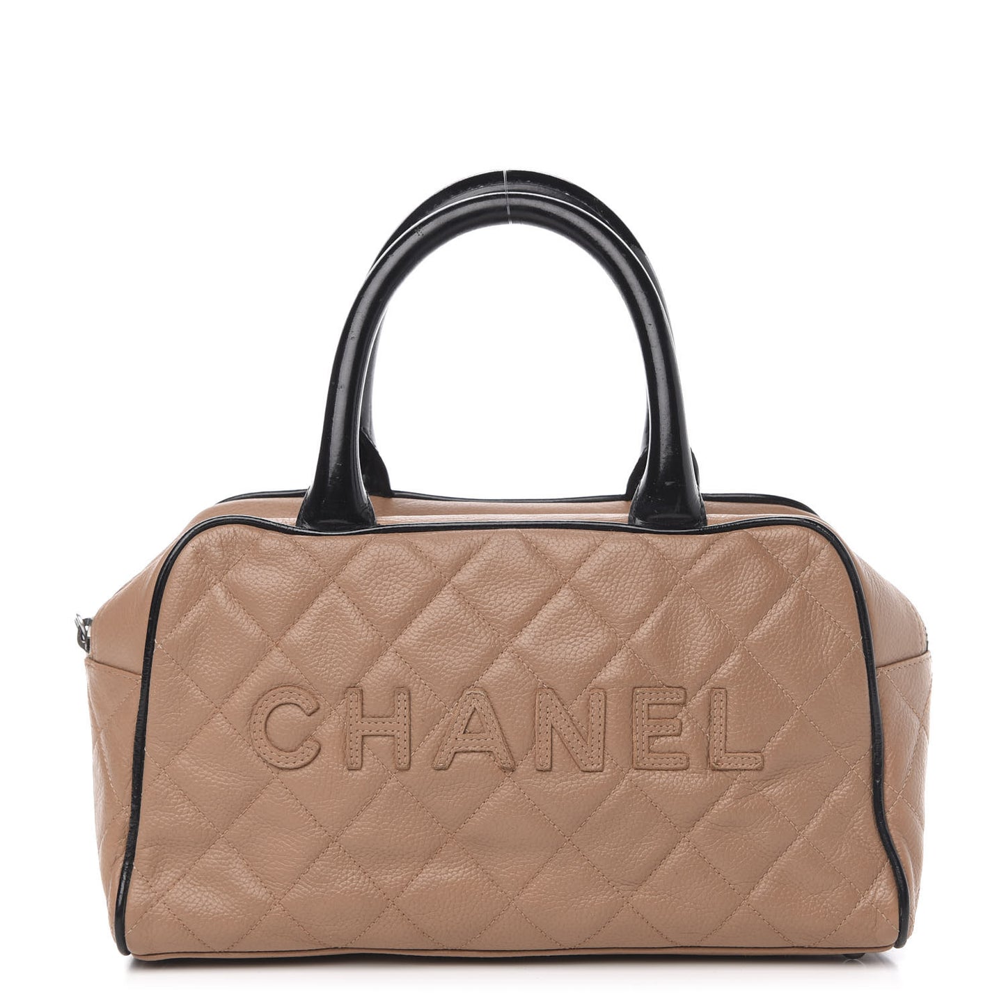 Calfskin Patent Quilted Small Bowler Bag Beige Black