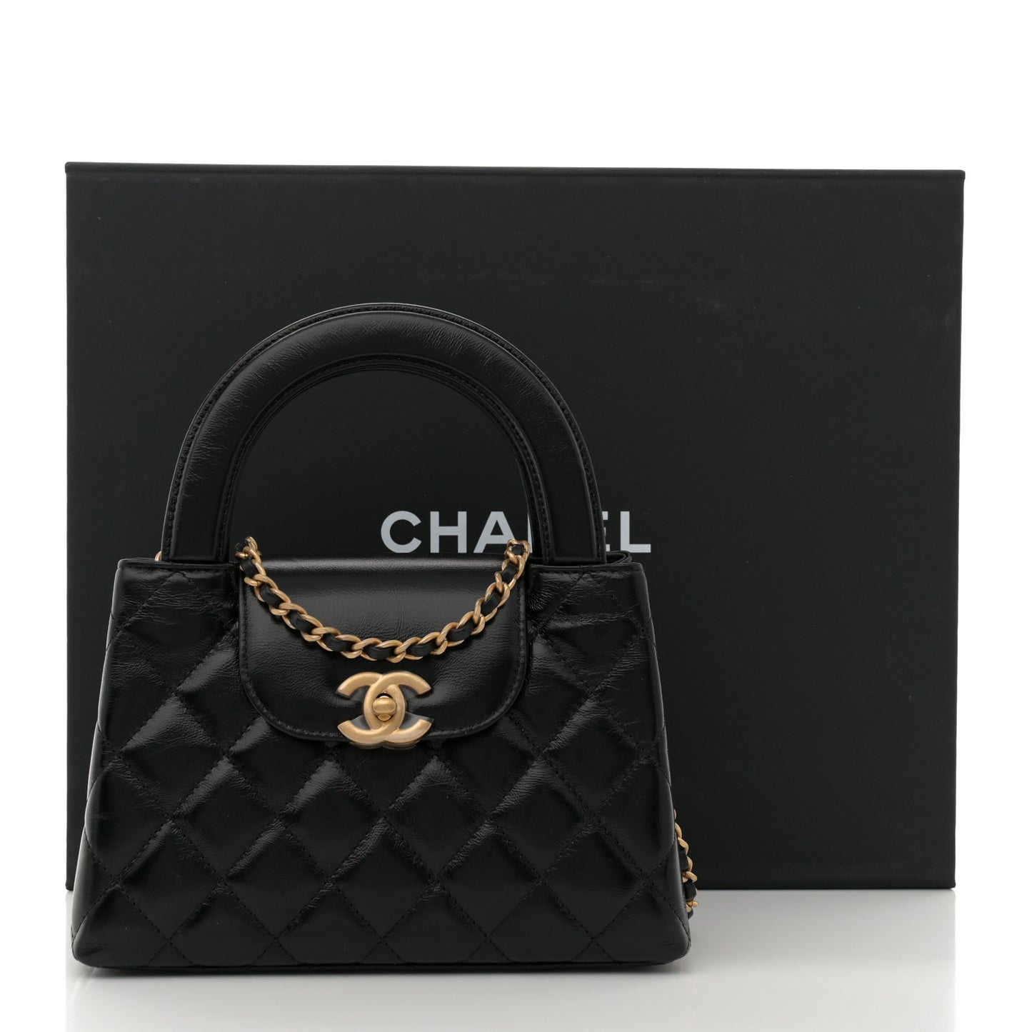 Shiny Aged Calfskin Quilted Nano Kelly Shopper Black