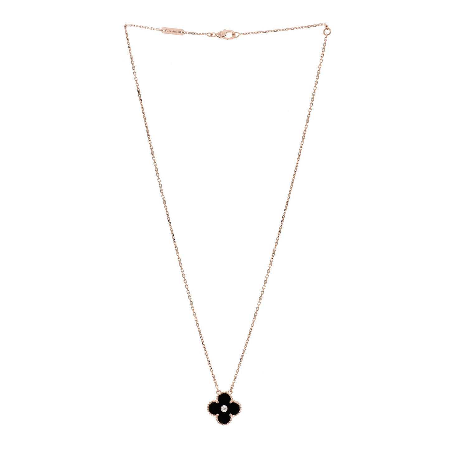 18K Rose Gold Diamond Black Onyx Vintage Alhambra Pendant Necklace