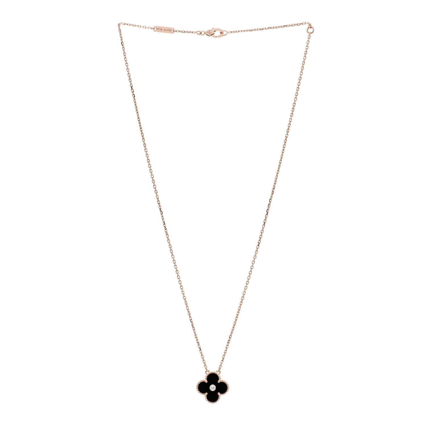 Van Cleef & Arpels 18K Rose Gold Diamond Black Onyx Vintage Alhambra Pendant Necklace 3 of 6