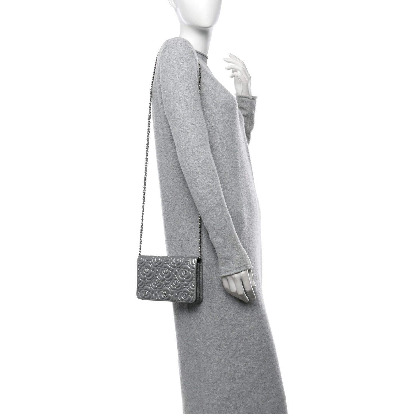 Metallic Lambskin Camellia Crystal Wallet on Chain WOC Silver