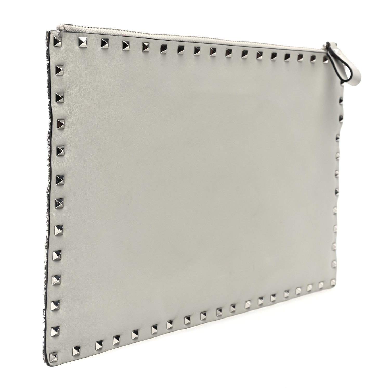 Valentino Garavani Sequin Vitello Rockstud Spike It Zip Pouch Silver 3 of 6