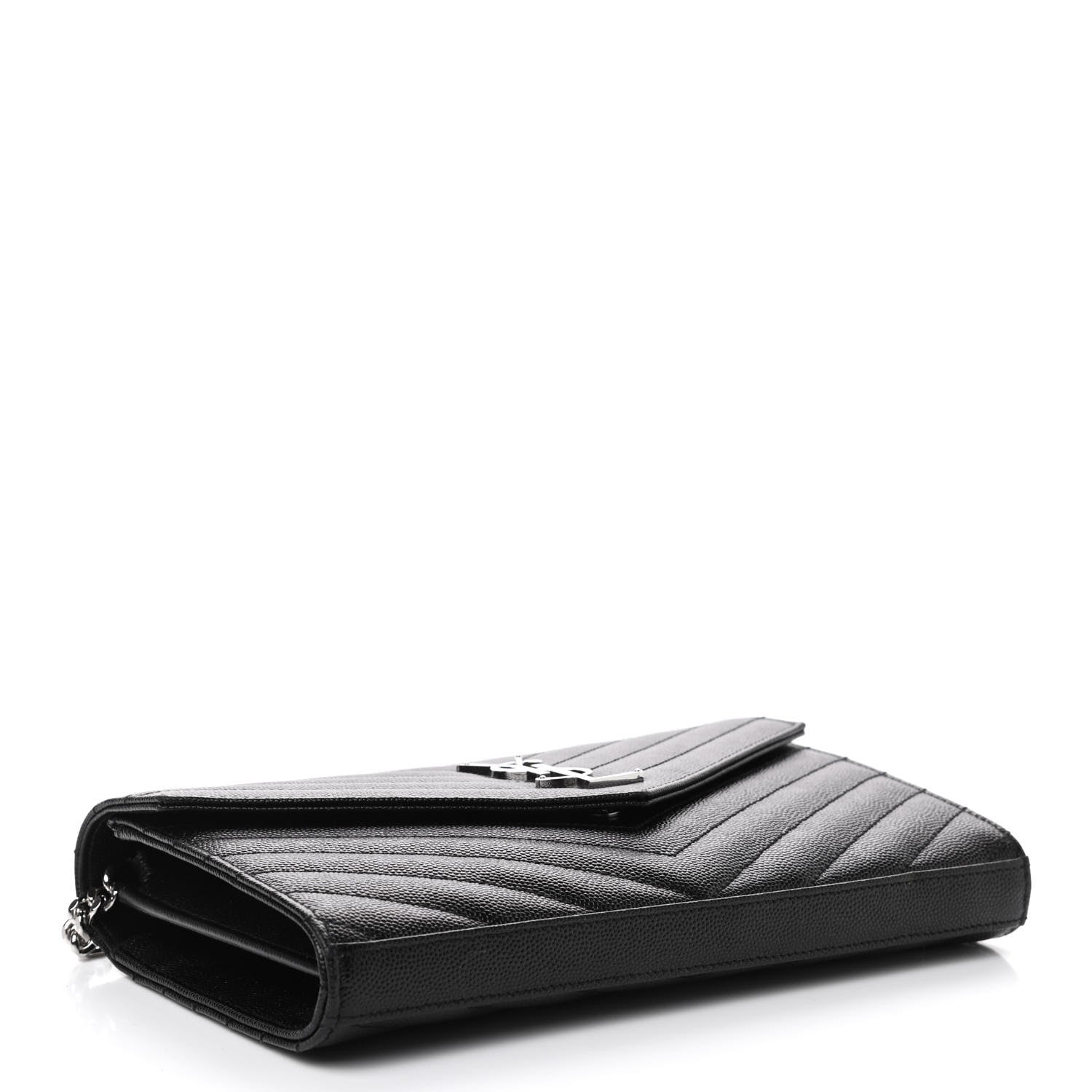 Saint Laurent Grain De Poudre Matelasse Chevron Monogram Chain Wallet Black 3 of 4