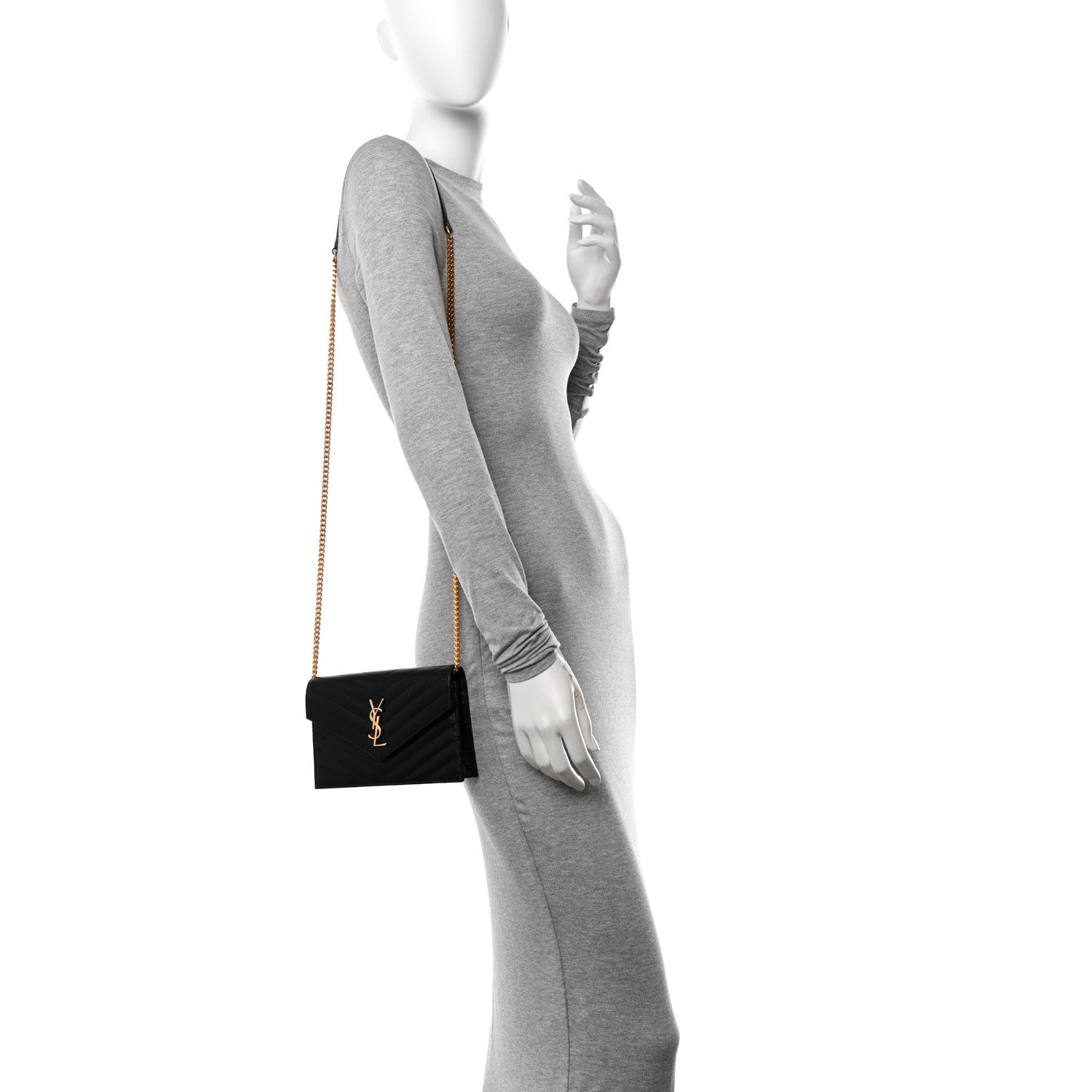 Saint Laurent Grain De Poudre Matelasse Chevron Monogram Envelope Chain Wallet Black 2 of 13