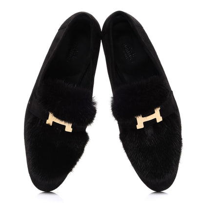 Hermes Mink Fur Suede Goatskin Paris Loafers 38.5 Black 6 of 11
