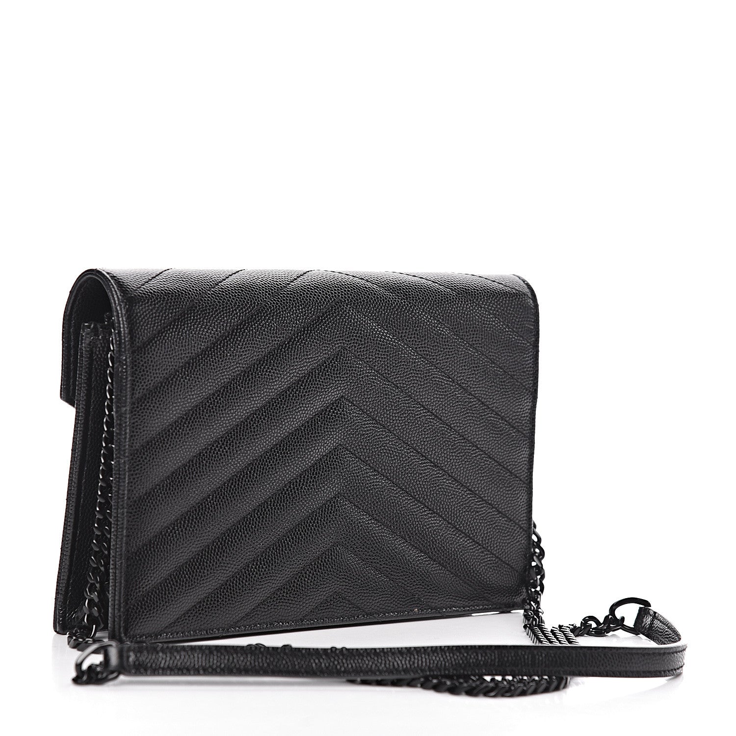 Saint Laurent Grain De Poudre Matelasse Chevron Monogram Envelope Chain Wallet Black 3 of 16