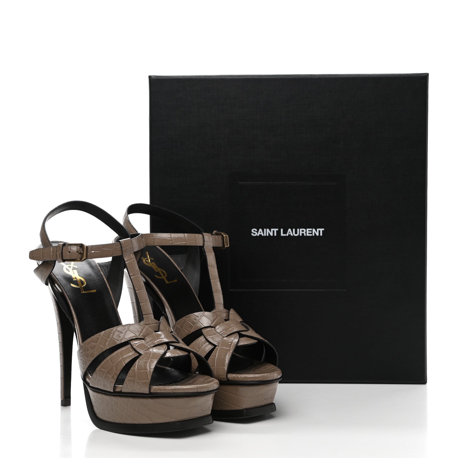 Saint Laurent Calfskin Embossed Crocodile Tribute 105 Platform Sandals 37.5 Dusty Grey 9 of 9