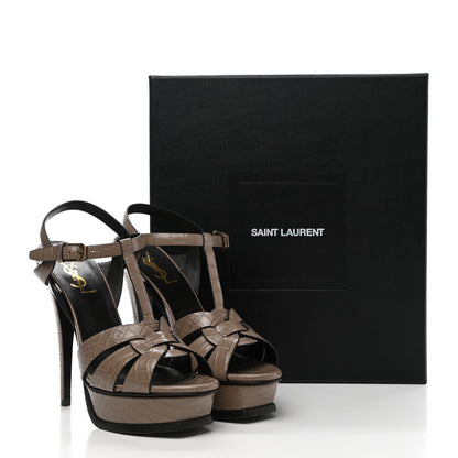 Saint Laurent Calfskin Embossed Crocodile Tribute 105 Platform Sandals 37.5 Dusty Grey 9 of 9